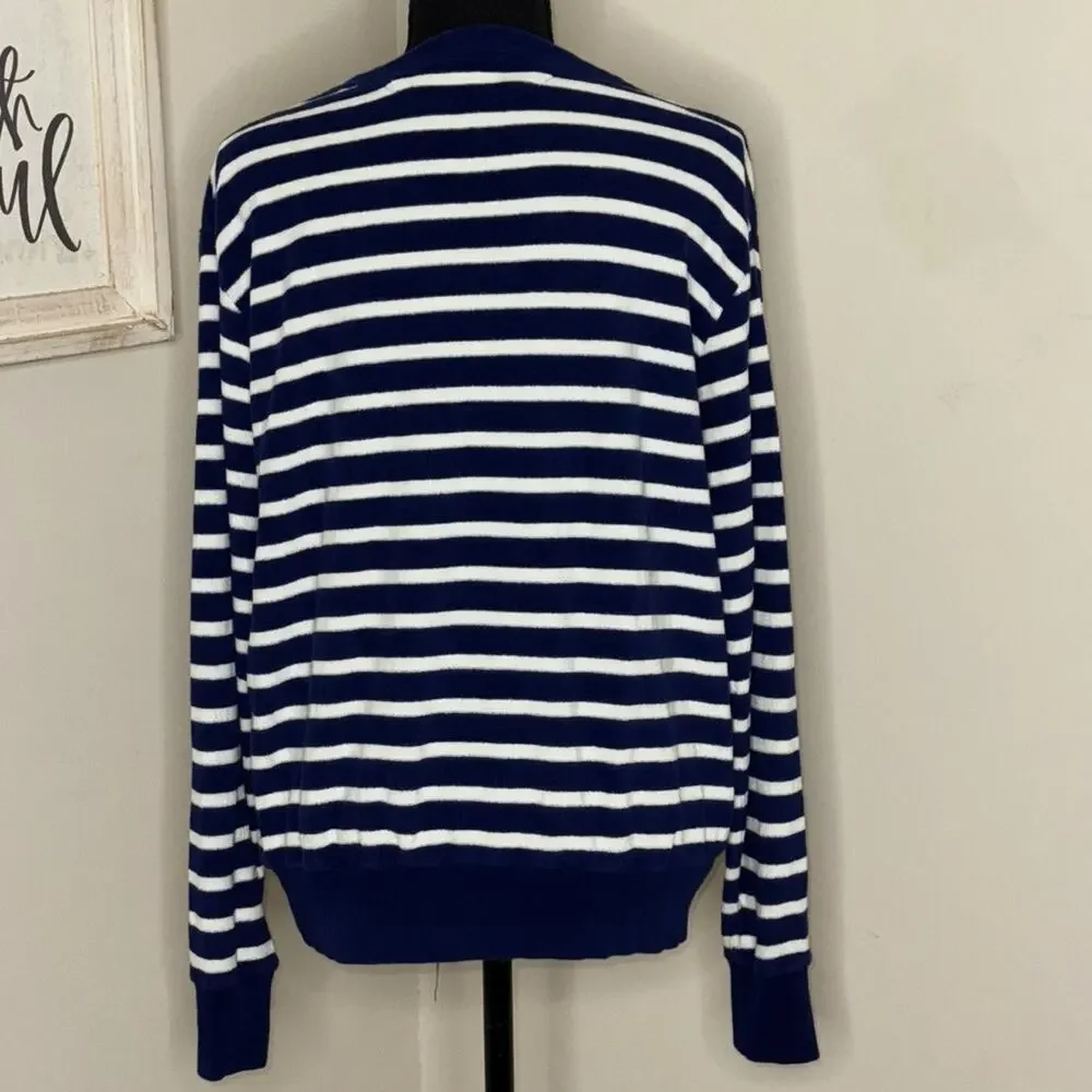 Polo Ralph Lauren Men’s Crew Neck Terry Cloth Striped Sweater Blue White Size M
